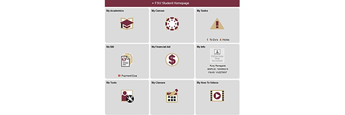 Screenshot of new myFSU Student Central student homepage