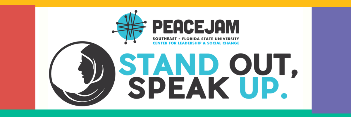 PeaceJam Southeast logo with conference branding: Profile image of Nobel Peace Laureate Tawakkol Karman with 2019 theme of "Stand Out, Speak Up."