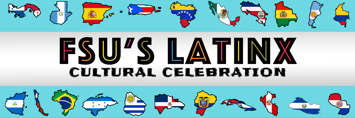 Blue border featuring outlines of 23 Latinx countries and the word logo for "FSU's Latinx Cultural Celebration"