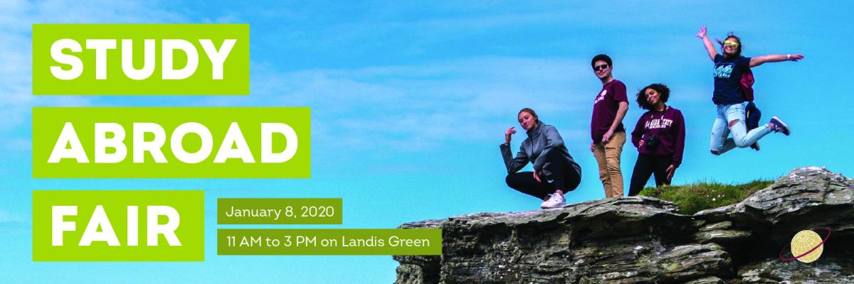 Students with text that reads Study Abroad Fair, January 8 from 11:00am to 3:00pm on Landis Green