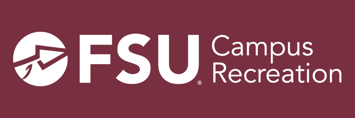 A garnet box with FSU Campus Recreation's circle spear logo and the words FSU Campus Recreation