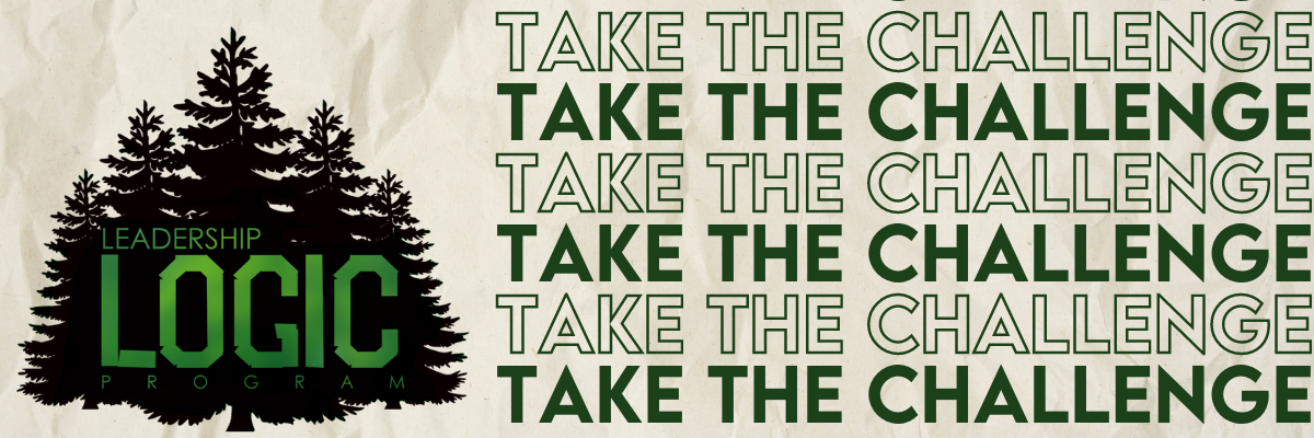 Leadership LOGIC tree logo with the text "Take the Challenge" repeated in background. 