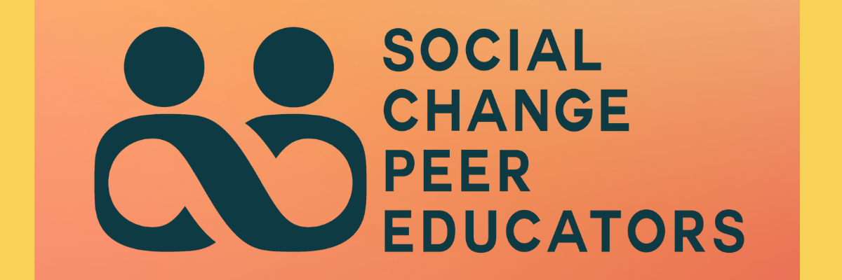 Sunset gradient-style background with hunter green Social Change Peer Educators logo