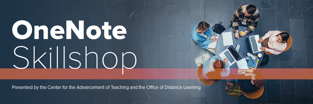 Group of students sitting at a table with laptops. Text reads OneNote Skillshop.