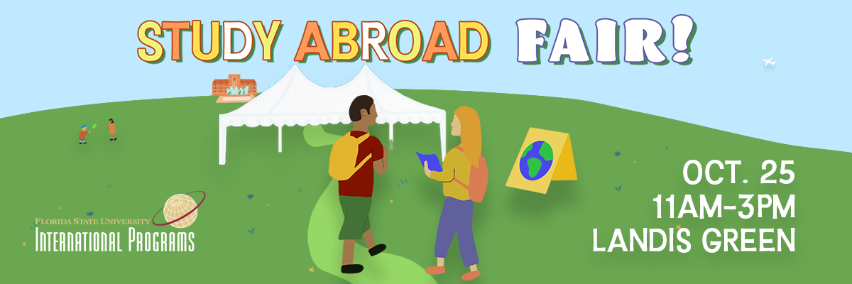 Cartoon photo of students at the Fair, with text "October 25 11 AM - 3 PM Landis Green"