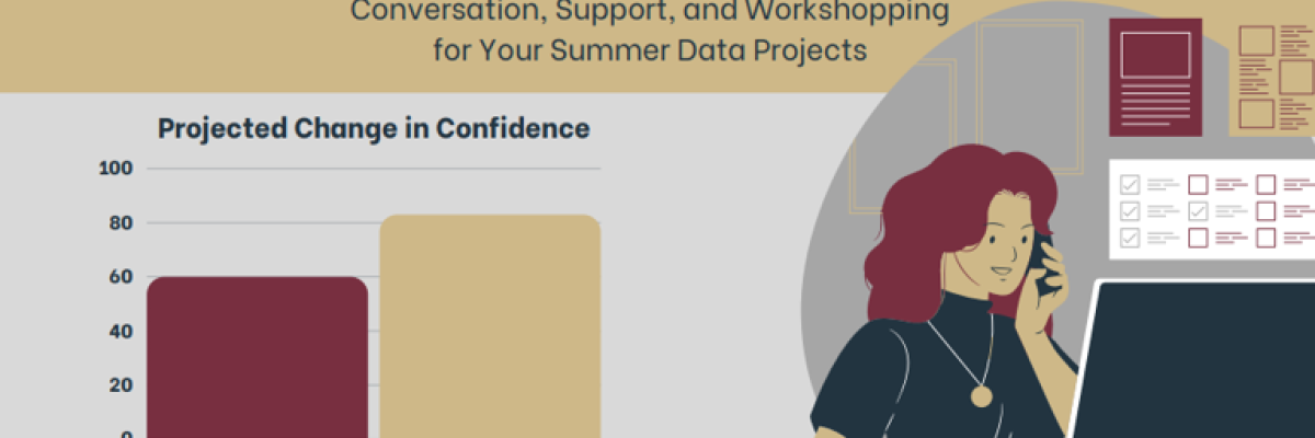 right, cartoon image of woman at computer desk, left, bar charts