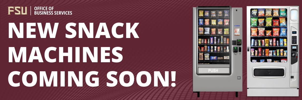 Banner that says "new snack machines coming soon" with 2 vending machines
