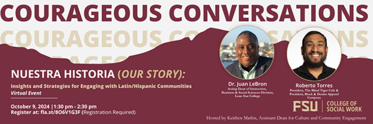 Nuestra Historia (Our Story): Insights and Strategies for Engaging with Latin/Hispanic Communities Virtual Event flyer with pictures of Dr. Juan Lebron and Roberto Torres