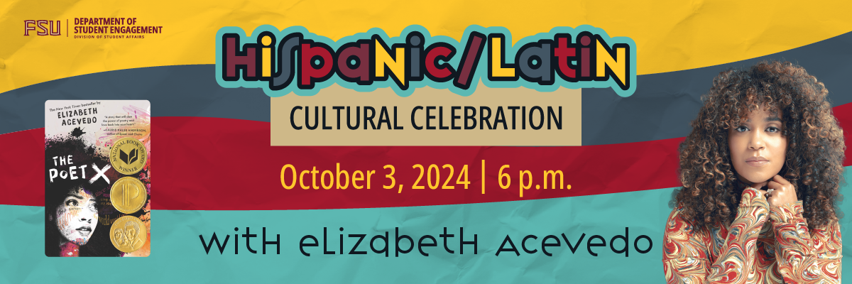 Hispanic/Latin Cultural Celebration graphic with the book cover for "The Poet X" and a photo of a woman in a long sleeve, multicolor blouse.