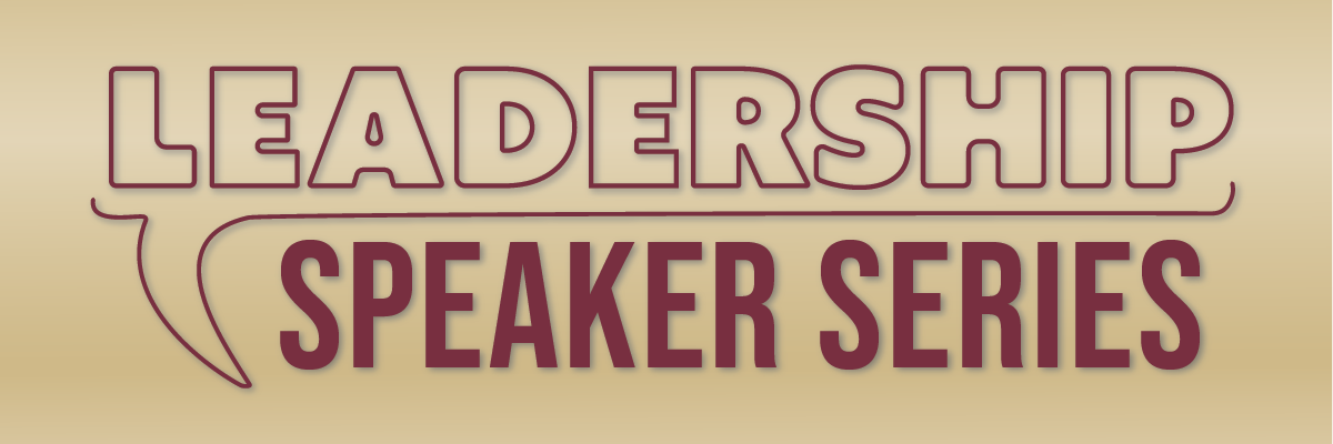 garnet speech bubble graphic for Leadership Speaker Series over gold background