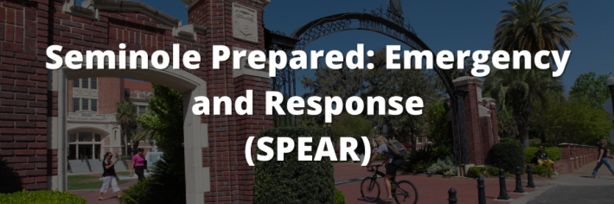 Text: Seminole Prepared: Emergency and Response (SPEAR). Text overlaid on an image of the Westcott gate