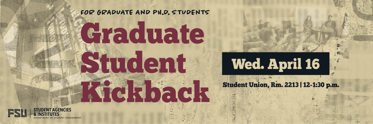Graduate Student Kickback, Wednesday, April 16 from 12-1:30p.m. in the Student Union, Rm. 2213.