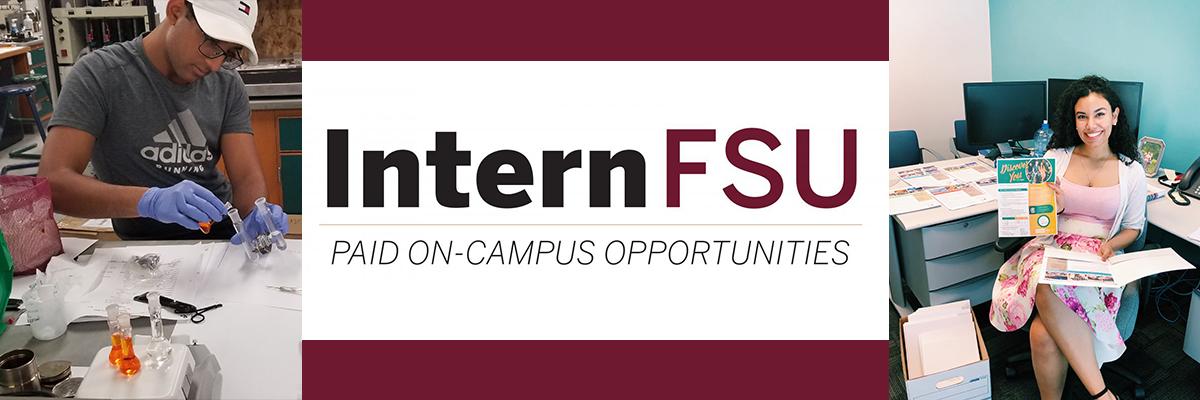 two student interns in each corner and Internsfu in the middle of the banner