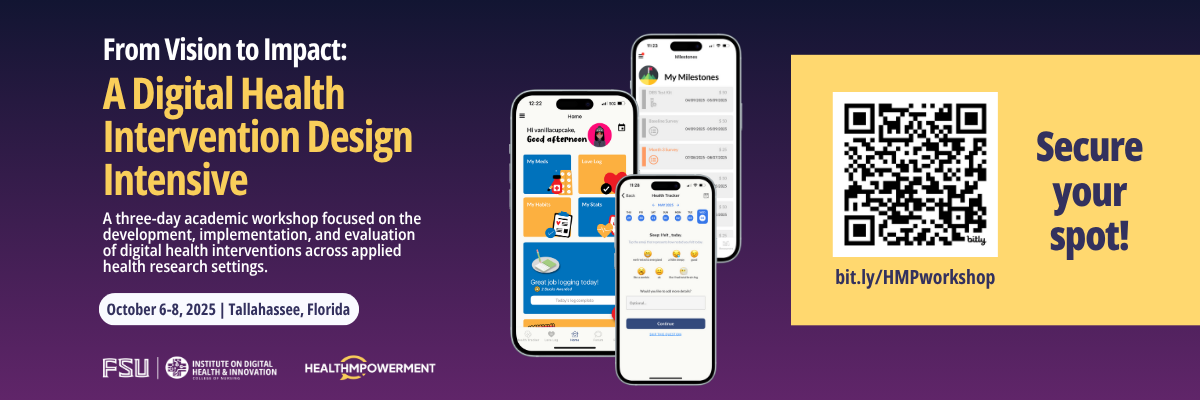 A QR code links to the registration page for From Vision to Impact: A Digital Health Intervention Design Intensive