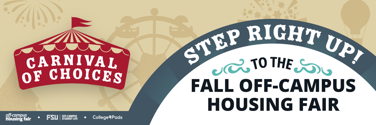 The image promotes a "Carnival of Choices" themed Fall Off-Campus Housing Fair with carnival elements like horses and tents.