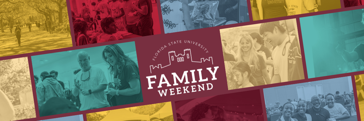 A promotional banner for Florida State University's Family Weekend features a collage of activities and people, with vibrant, colorful overlays.