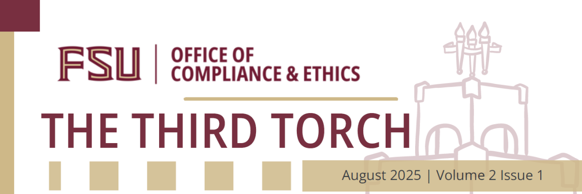 The FSU Office of Compliance and Ethics logo above the title "The Third Torch" next to an image of the Heritage Fountain in FSU garnet and gold.