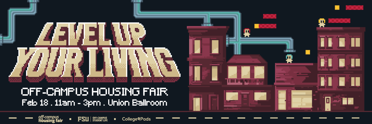 A pixel art style image promoting an "Off-Campus Housing Fair" on February 18, featuring the text "Level Up Your Living" and graphics of buildings and pipes.