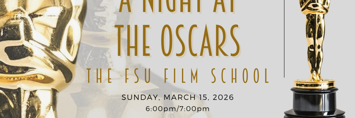 Golden Oscar statues on a gray background with A Night at the Oscars text in gold