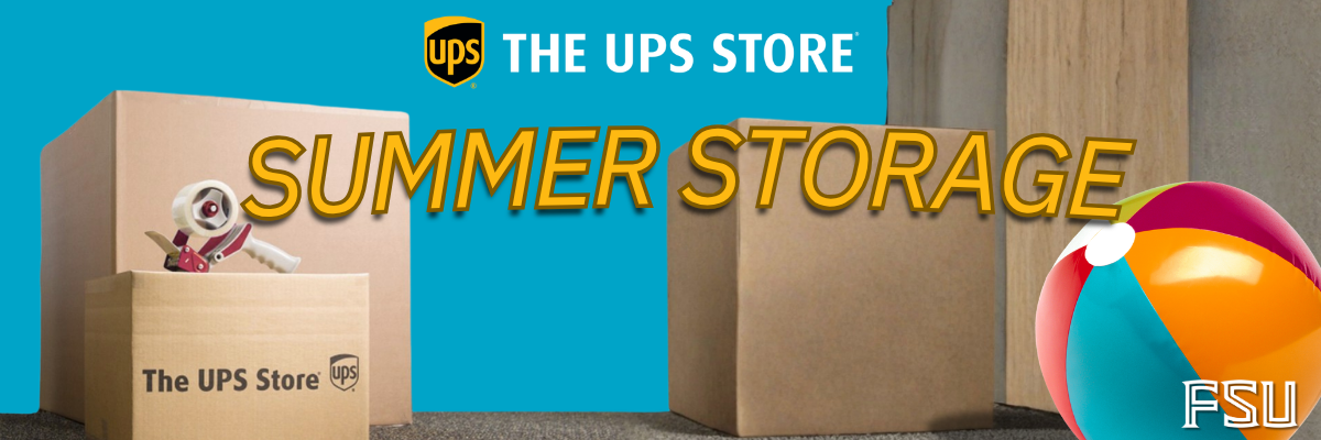 Graphic promoting The UPS Store summer storage service, showing moving boxes, packing tape, and the text “Summer Storage".