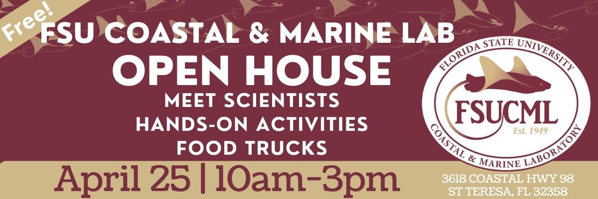  FSU Coastal & Marine Lab Open House! Meet scientists, hands-on activities, and food trucks. Saturday April 25, 2026 from 10am-3pm.
