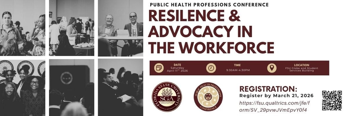 Gemini said This banner advertises the Public Health Professions Conference: Resilience & Advocacy in the Workforce, held at Florida State University on April 11, 2026. It features a collage of networking photos alongside event details, including a 9:30 AM start time at the FSU Globe and Student Services Building. A registration deadline of March 21, 2026, is highlighted with a QR code and a Qualtrics link for sign-ups.
