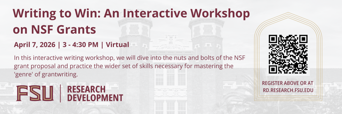  Gemini said An event banner for a workshop titled "Writing to Win: An Interactive Workshop on NSF Grants." The banner features a faded background image of a classic brick university building with towers. The text and logos are primarily in a dark garnet color.