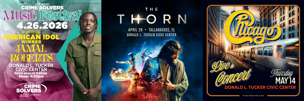 Graphic promoting three upcoming Donald L. Tucker Civic Center events—Jamal Roberts music festival, The Thorn, and Chicago in concert—each featuring special ticket discounts.
