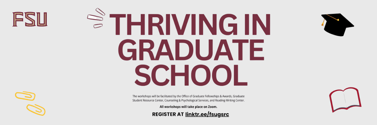 An promotional flyer for Florida State University (FSU) advertising an upcoming Zoom workshop series titled "Thriving in Graduate School."
