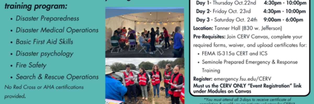 Graphic describing CERT Basics training topics, dates and times, location, prerequisites, and registration link.