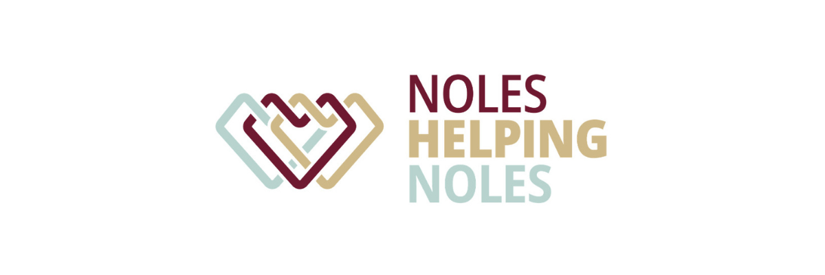 Logo featuring three interlocking heart shapes alongside the text "NOLES HELPING NOLES" in maroon, gold, and light blue.