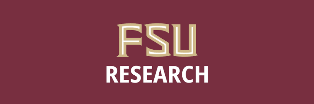 The logo features the text "FSU" in large, stylized serif letters in gold with white outlines, positioned above the word "RESEARCH" written in clean, white sans-serif capital letters. The entire text is set against a solid dark red or maroon background.