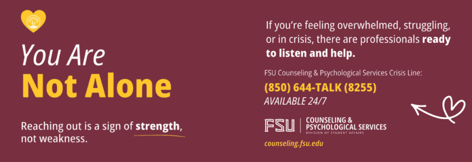 Graphic with You are Not Alone with contact information. 