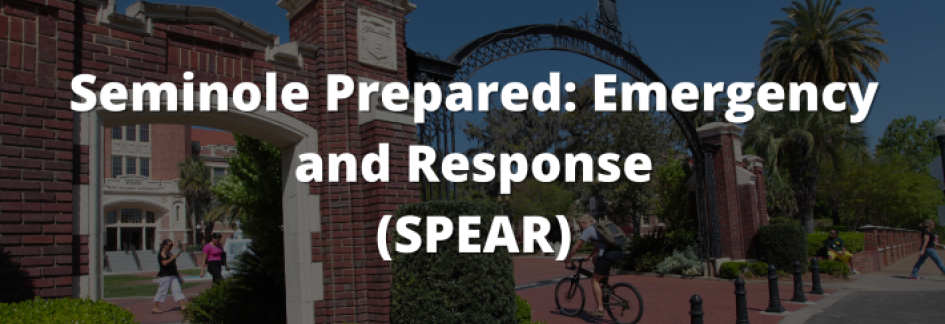 Text: Seminole Prepared: Emergency and Response (SPEAR). Text overlaid on an image of the Westcott gate