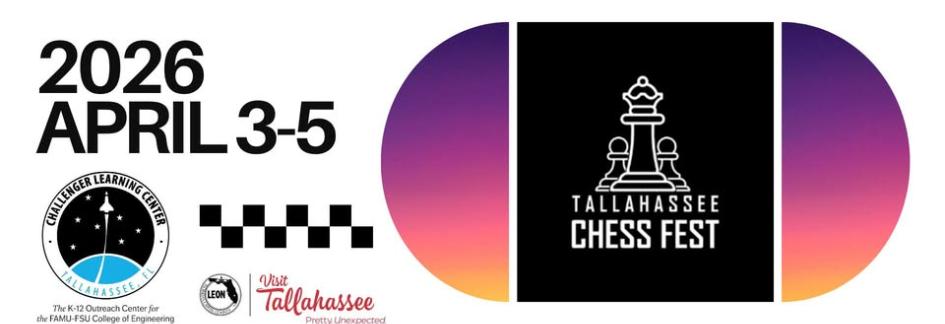 Image showing three chess pieces on a black background with text "Tallahassee Chess Fest"