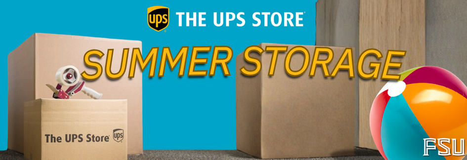 Graphic promoting The UPS Store summer storage service, showing moving boxes, packing tape, and the text “Summer Storage".