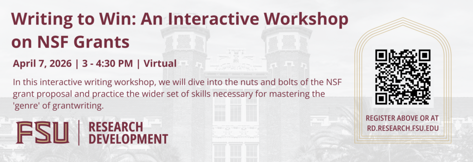 Gemini said An event banner for a workshop titled "Writing to Win: An Interactive Workshop on NSF Grants." The banner features a faded background image of a classic brick university building with towers. The text and logos are primarily in a dark garnet color.