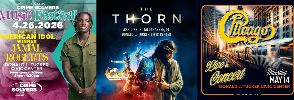 Graphic promoting three upcoming Donald L. Tucker Civic Center events—Jamal Roberts music festival, The Thorn, and Chicago in concert—each featuring special ticket discounts.