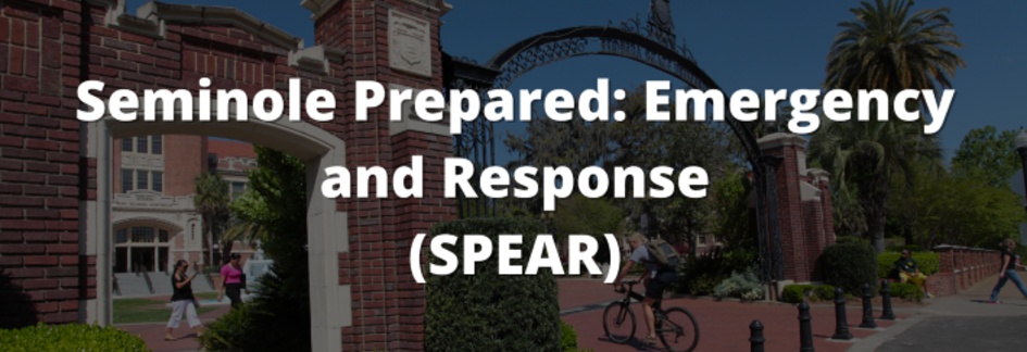 Text: Seminole Prepared: Emergency and Response (SPEAR). Text overlaid on an image of the Westcott gate