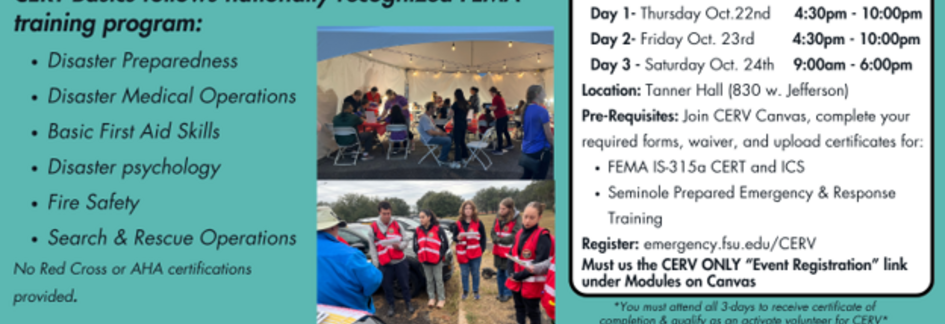 Graphic describing CERT Basics training topics, dates and times, location, prerequisites, and registration link.