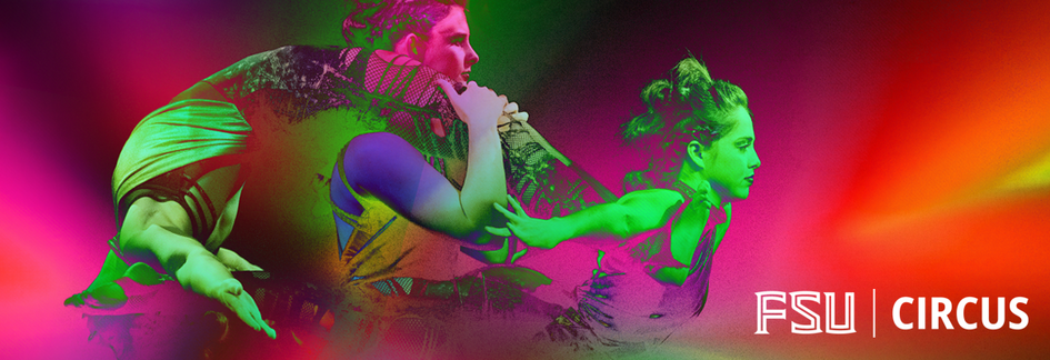 Three students performing Hand Balancing. They are perched atop each other, dressed in apocalyptic themed costumes, and flooded in a colorful rainbow of lights.