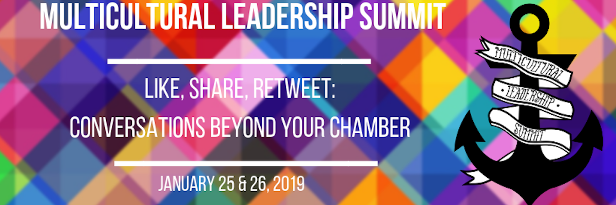 IMAGE: Multicultural Leadership Summit over a mosaic background. "Like, Share, Retweet: Conversations Beyond Your Echo Chamber. January 25-26, 2019.