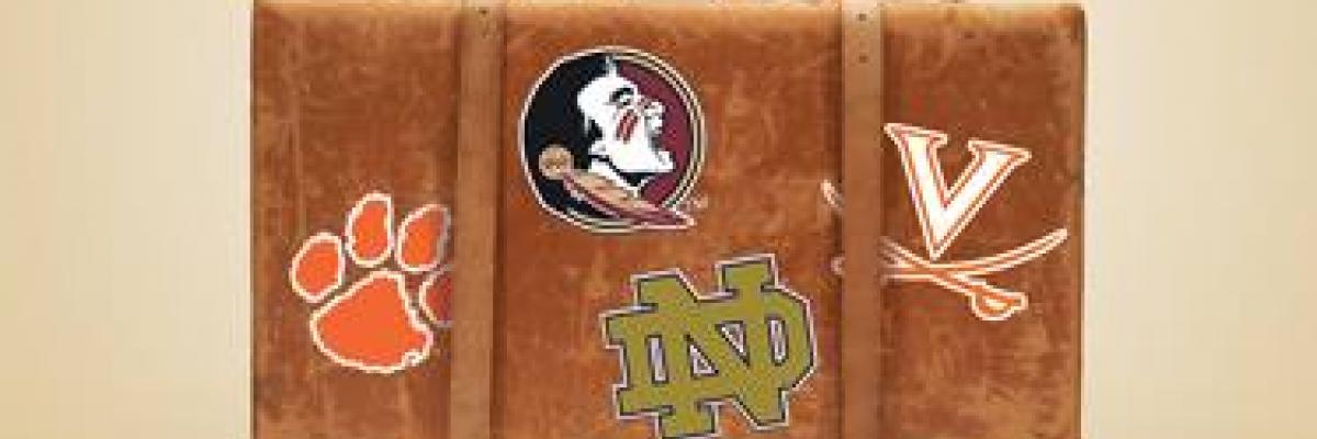 ACC Road Scholars Series suitcase image with travel decals from other universities