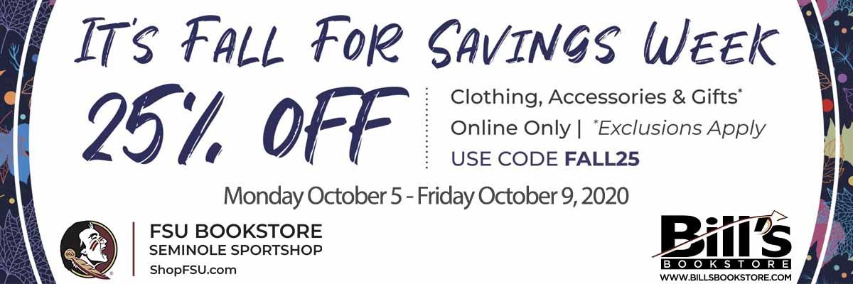 Get 25% off clothing, accessories, and gifts online from the FSU Bookstore and Bill’s Bookstore