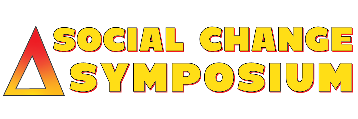 A red and orange gradient delta symbol with the text Social Change Symposium in yellow block letters.