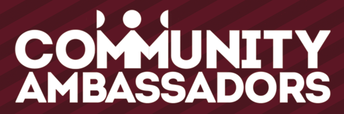 Community Ambassadors logo over garnet background