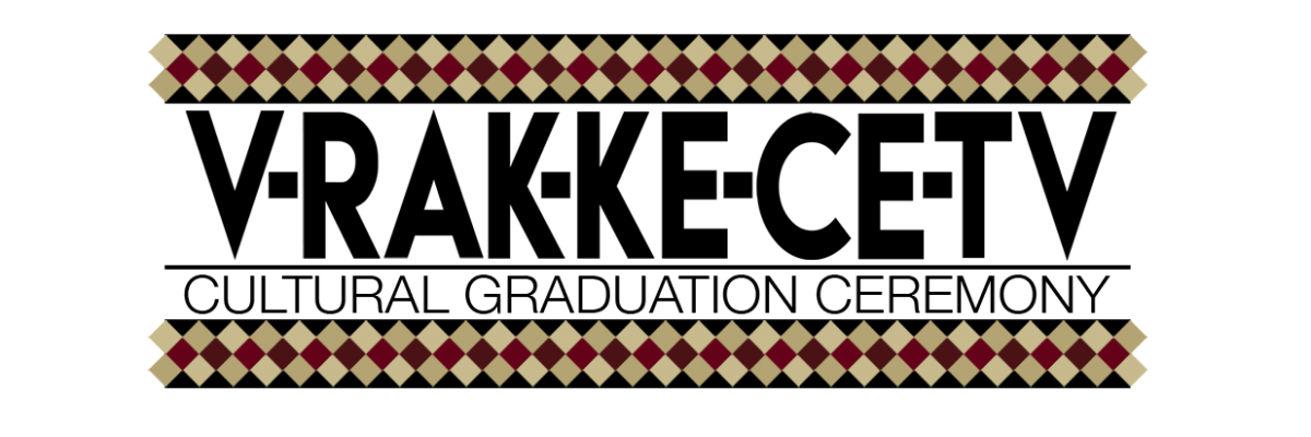 LOGO: V-rak-ke-ce-tv Cultural Graduation Ceremony bordered by garnet and gold patchwork rows