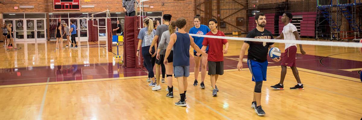 Two volleyball teams give each other high fives under the net after a game