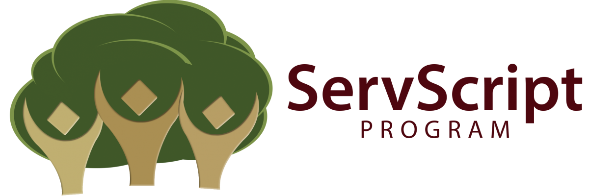 LOGO: Three figures with raised arms double as tree trunks anchoring text "ServScript Program"