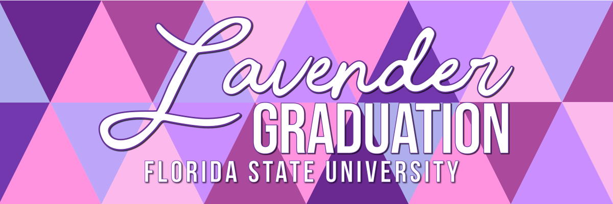 Triangle patchwork in shades of purple with the words Lavender Graduation FLorida State University